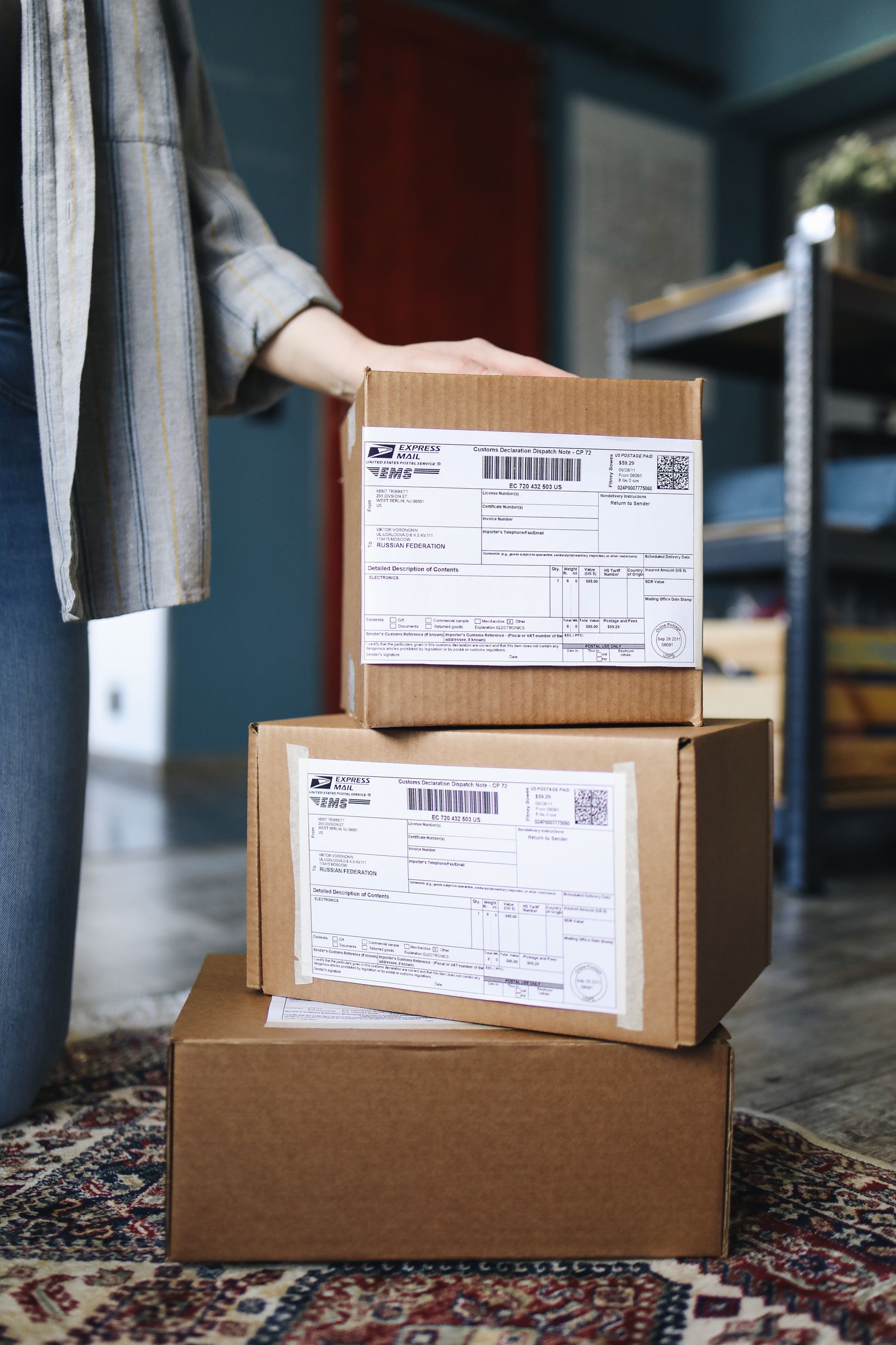 Stacked shipping boxes prepared for delivery